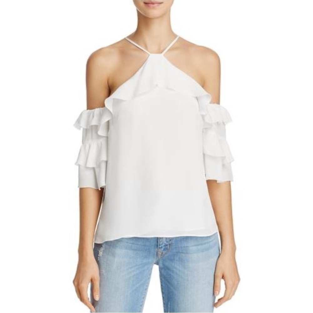 Parker Cold Shoulder Ruffle 3/4 Sleeve Silk Top SZ M Cream
